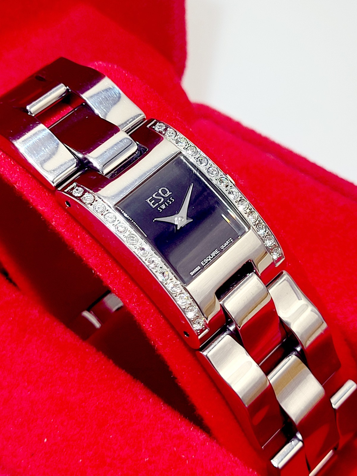 Works [N MINT] ESQ Movado Tank Swiss Made Diamonds Women’s Watch with Black Dial