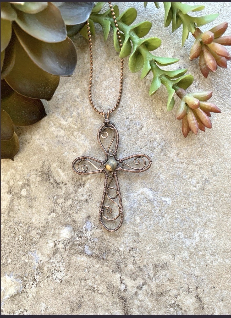 Handmade Copper Wire Wrapped Cross Pendant Necklace w Jasper Bead Artisan Boho