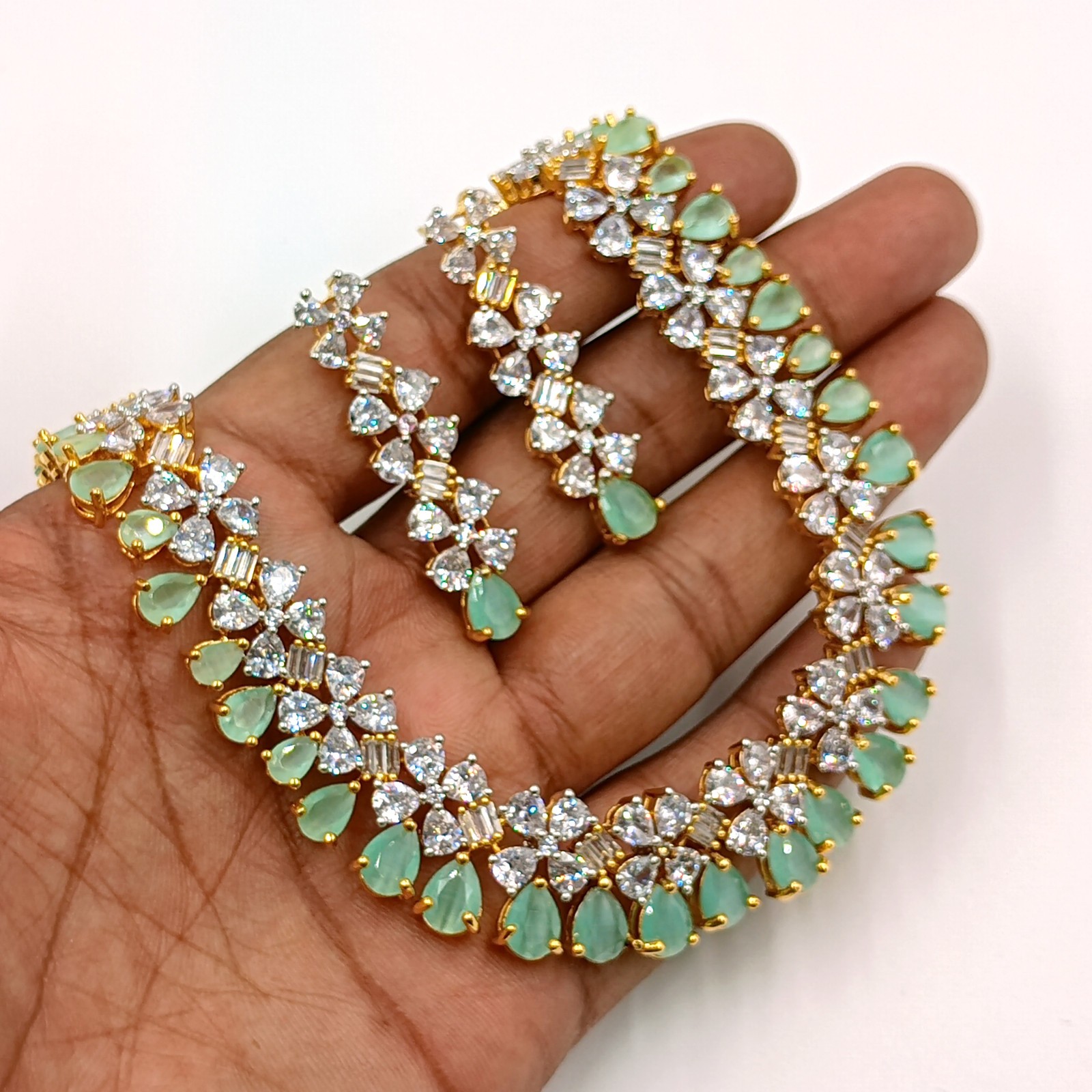 Designer Chalcedony CZ Diamond Gold Plated Necklace Set Bridal Jewelry For Women