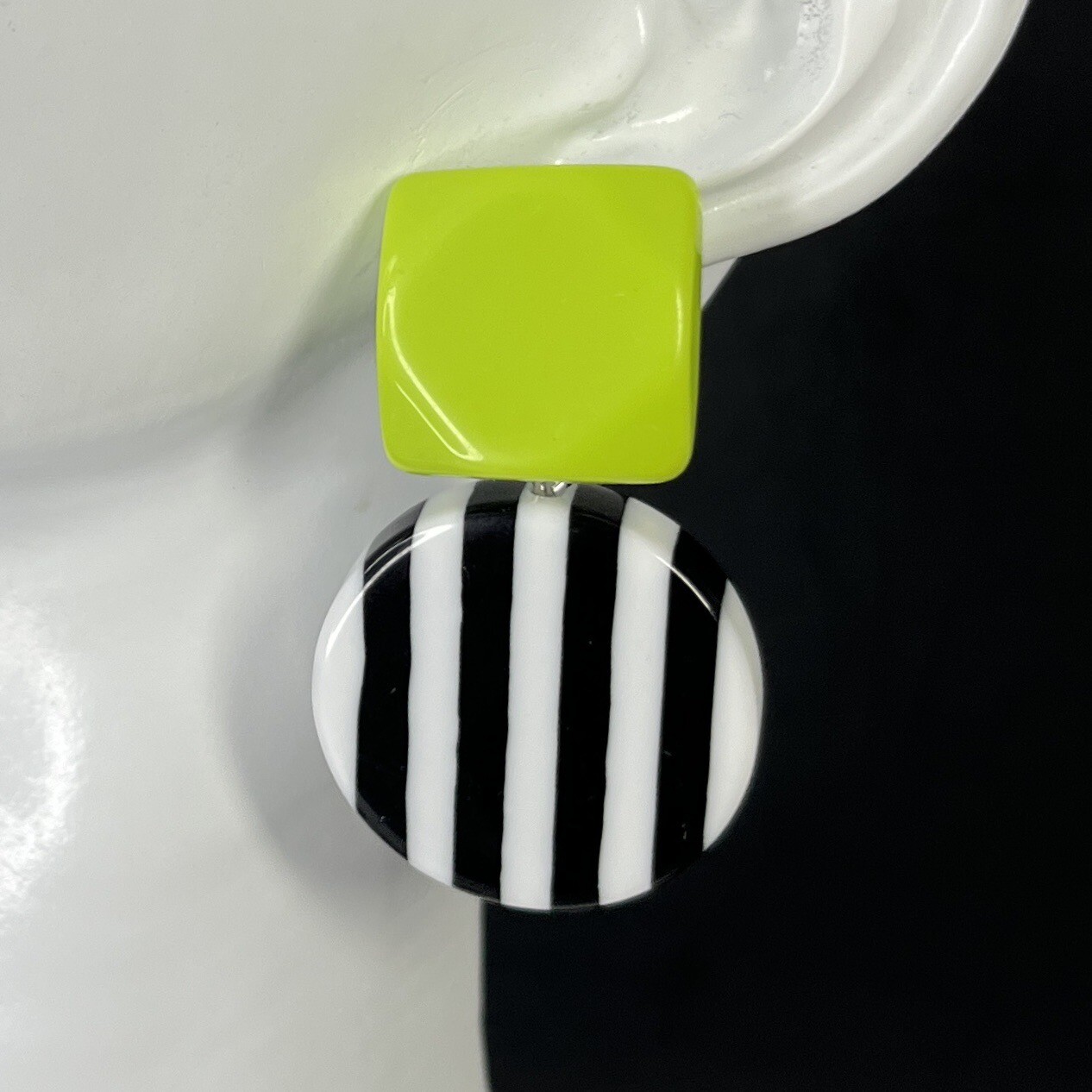 Layered Lucite Stripe Earrings Black White Lime Green Pierced Post Modern Art
