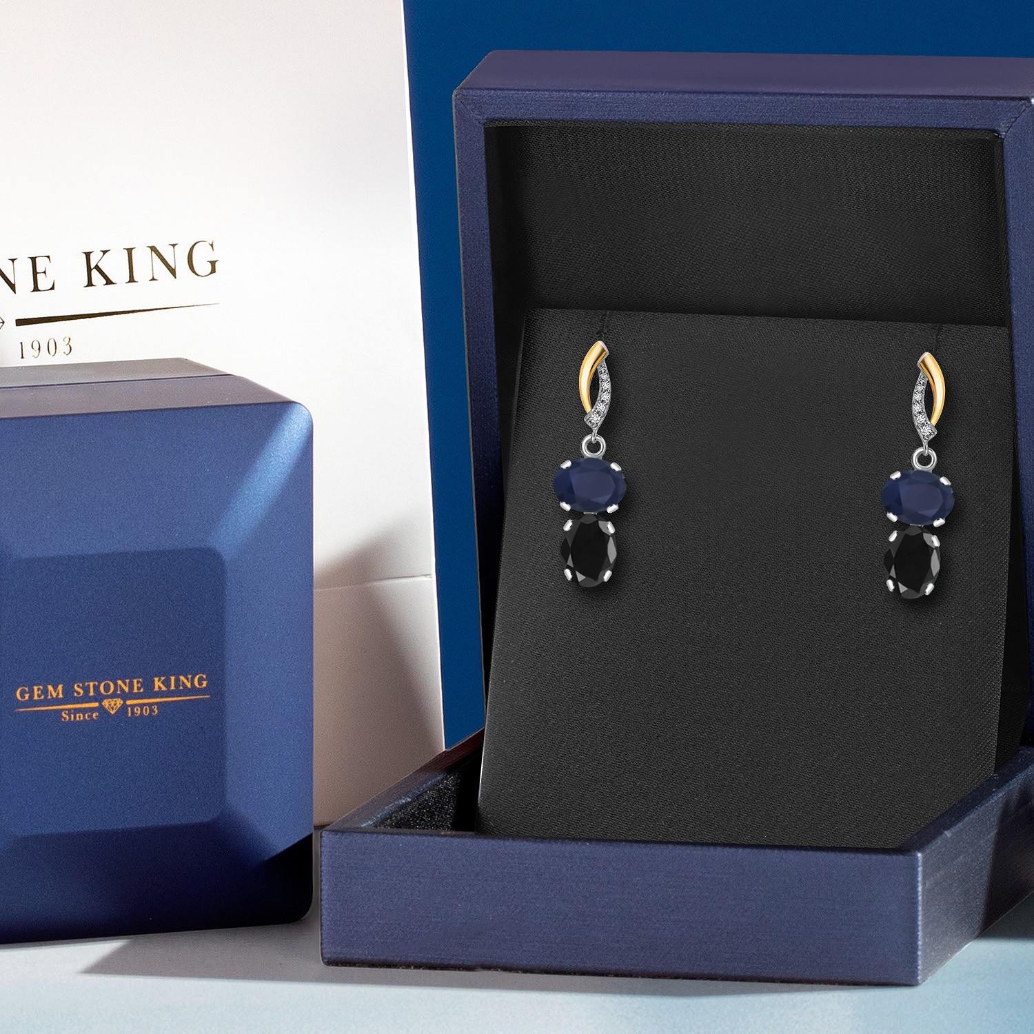 925 Silver and 10K Yellow Gold Sapphire and Black Sapphire and Lab Grown