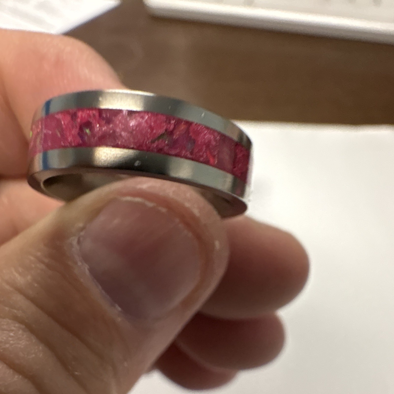 Size 8 pink heart with pink opal 6mm inlay titanium, hand made by seller