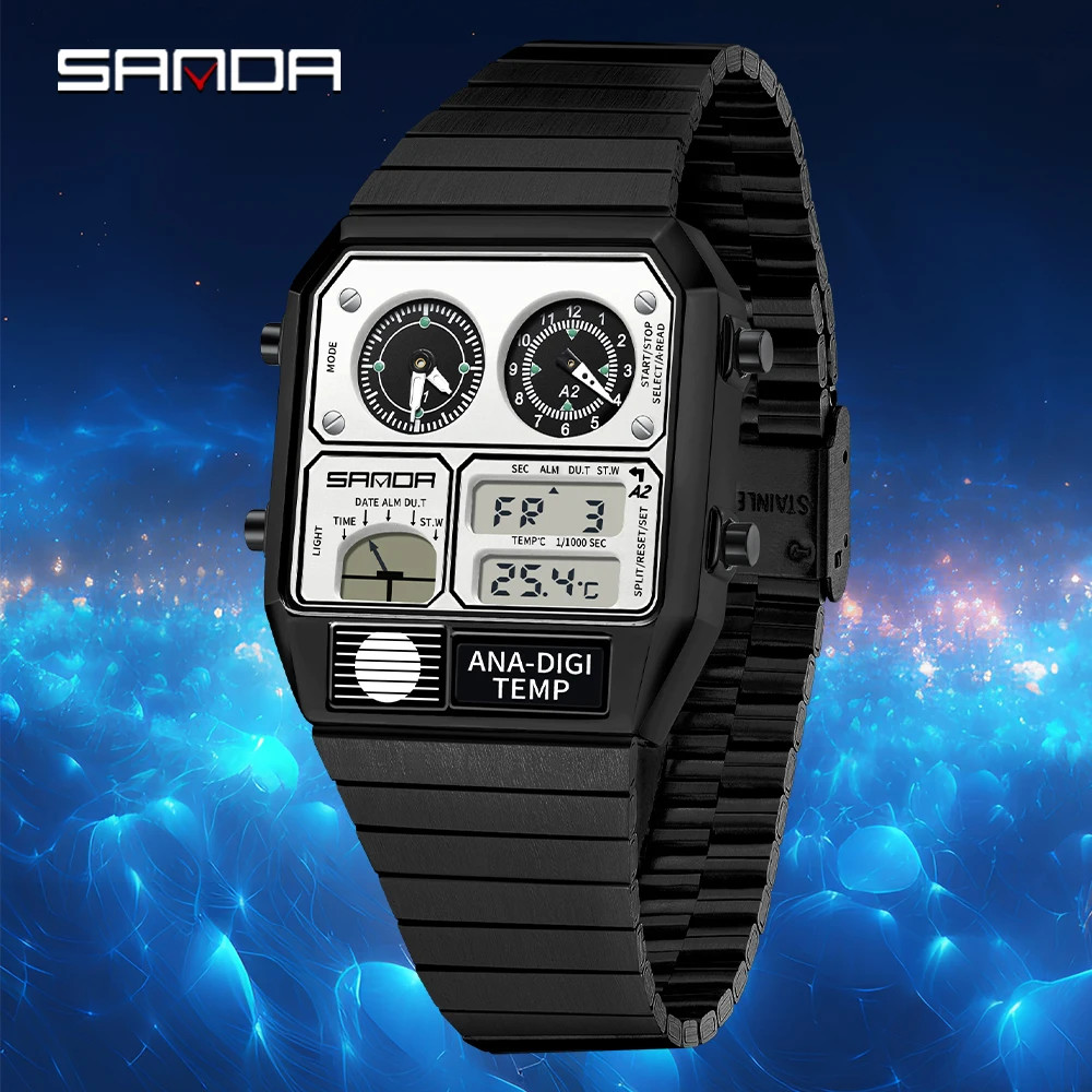 SANDA 3192 Men’s Square Digital Watch LED Thermometer Stopwatch 50M Waterproof