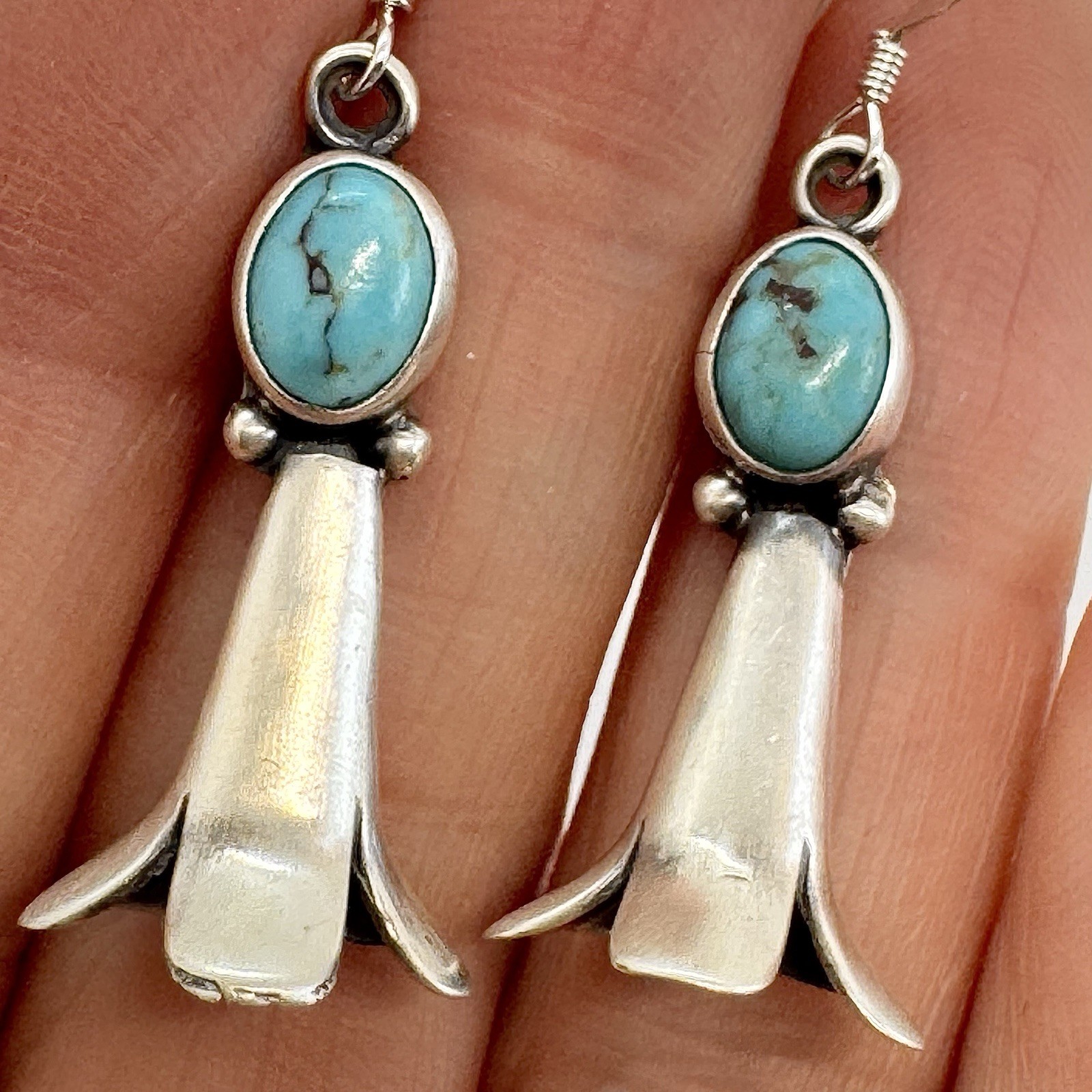 Navajo Turquoise Squash Blossom Dangle Earrings Sterling 1 5/10″ by R Martinez