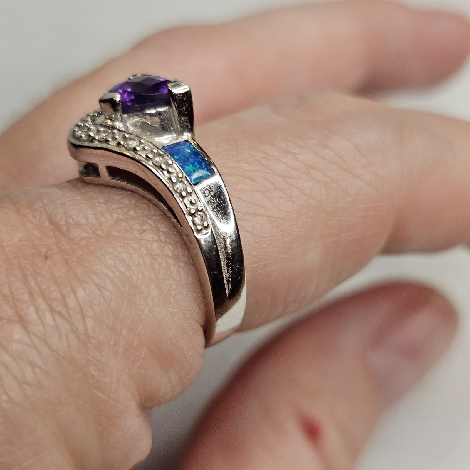 14K White Gold Amethyst Diamond Opal Inlay Ring Designer Style Estate Sz 6.25