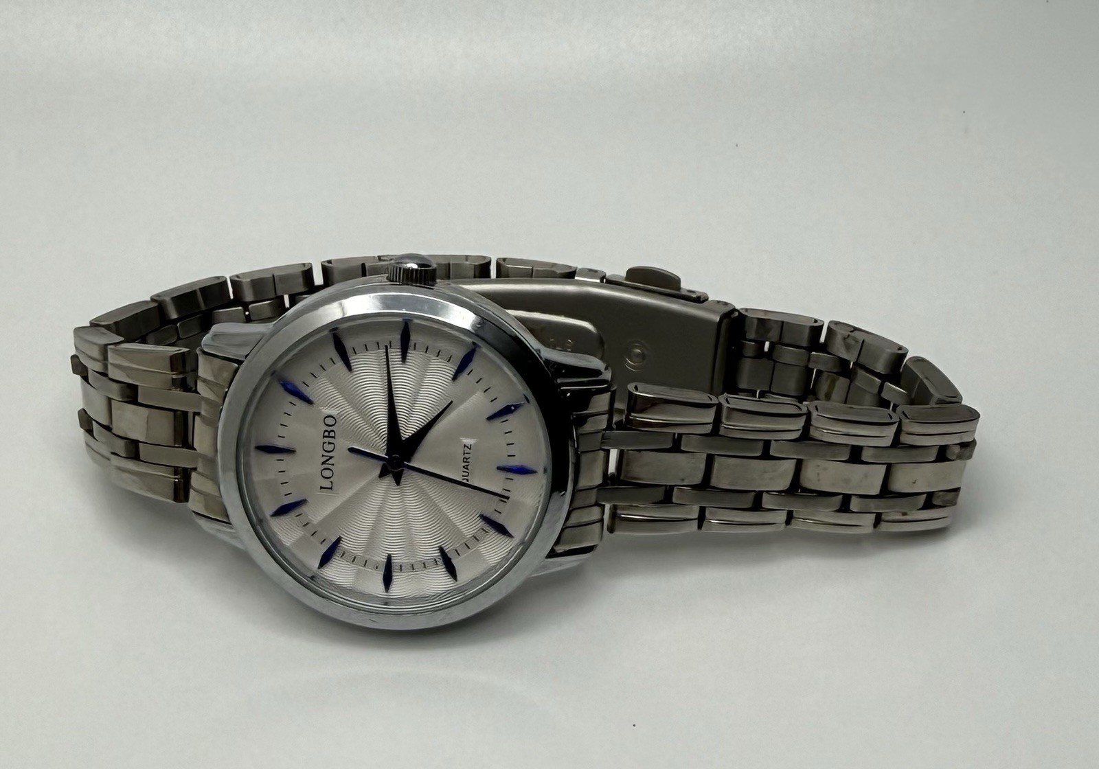 LONGBO Quartz Silver Tone Bracelet Watch Silver/Blue Dial Baton Markers