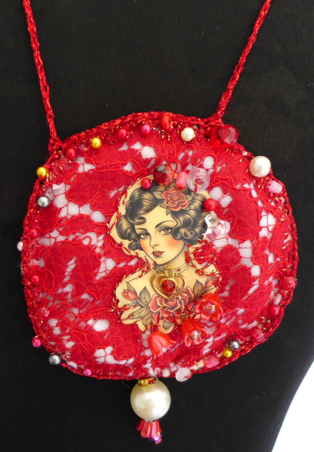 Handmade Crocheted art Necklace Cotton Fabrics embroidered crocheted+ Beads