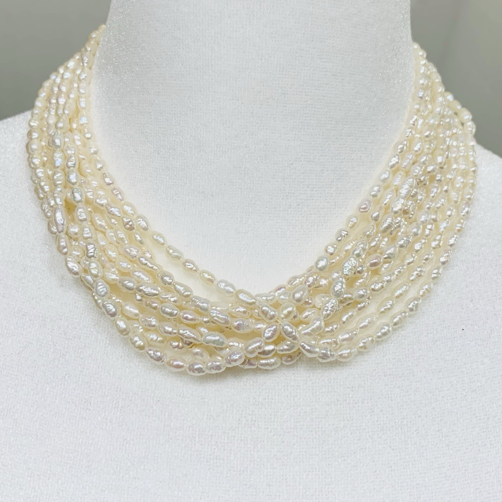 VTG Rice Pearl Necklace Multi 5 Strand Sterling Fancy Clasp Choker Hi Luster “