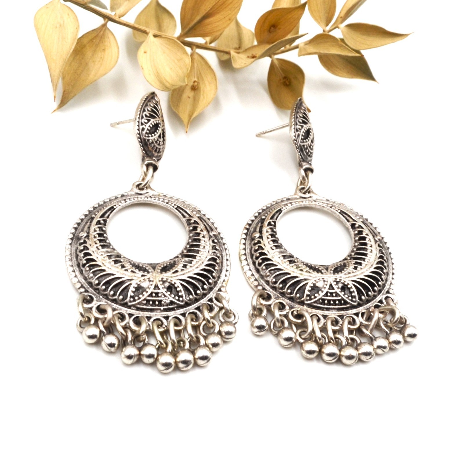 Boho Ethnic Antique Silver Crescent Chandelier Dangle Fringe Bohemian Earrings