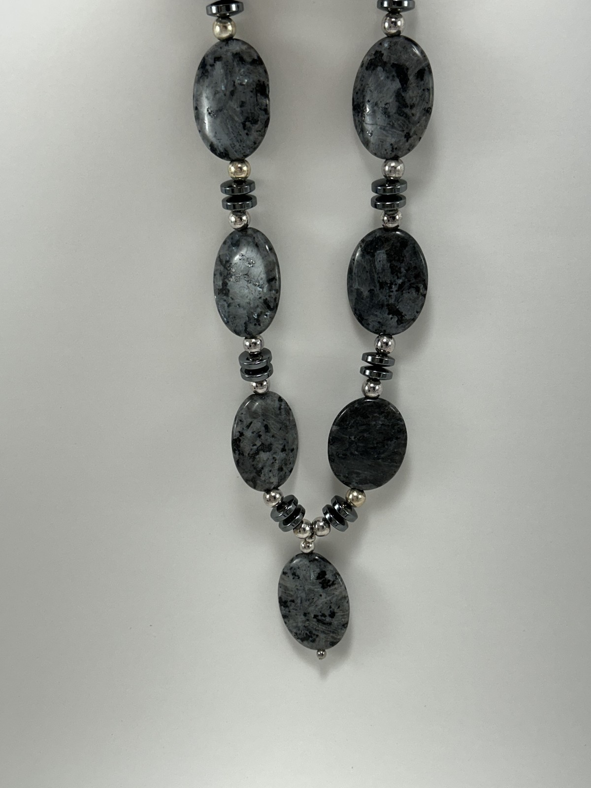Larvikite Labradorite Hematite Silver Beaded Necklace Handmade Blue Flash Oval