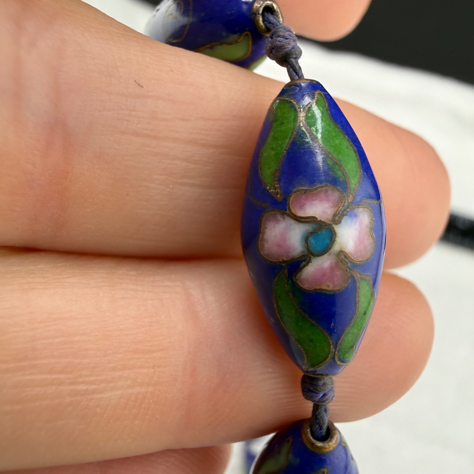 Vintage Chinese Export Cloisonné Beaded Necklace Cobalt Blue 27”