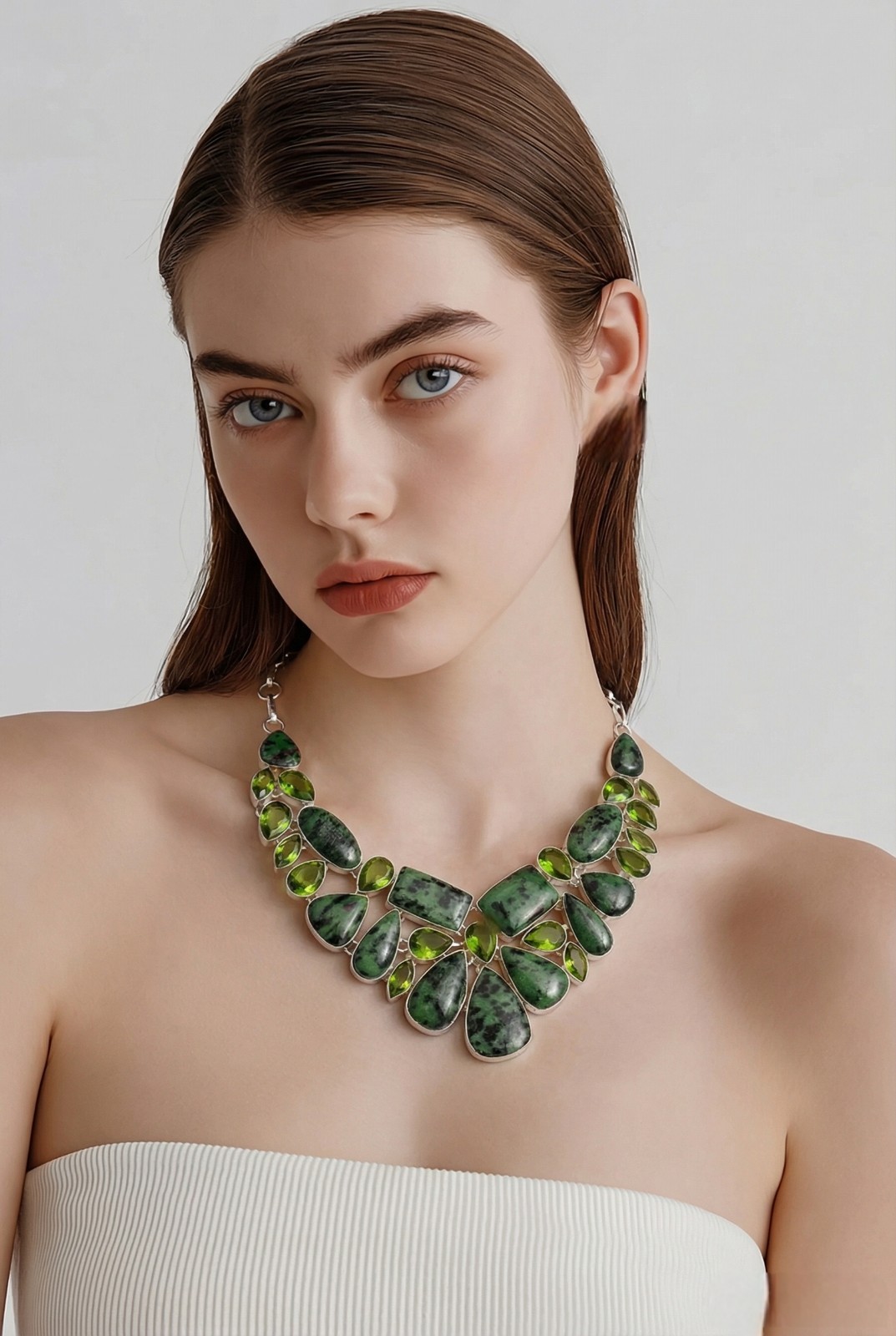 925 Silver Ruby Zoisite Peridot Gemstone Necklace adjusts 16-18″ Mother Day Gift