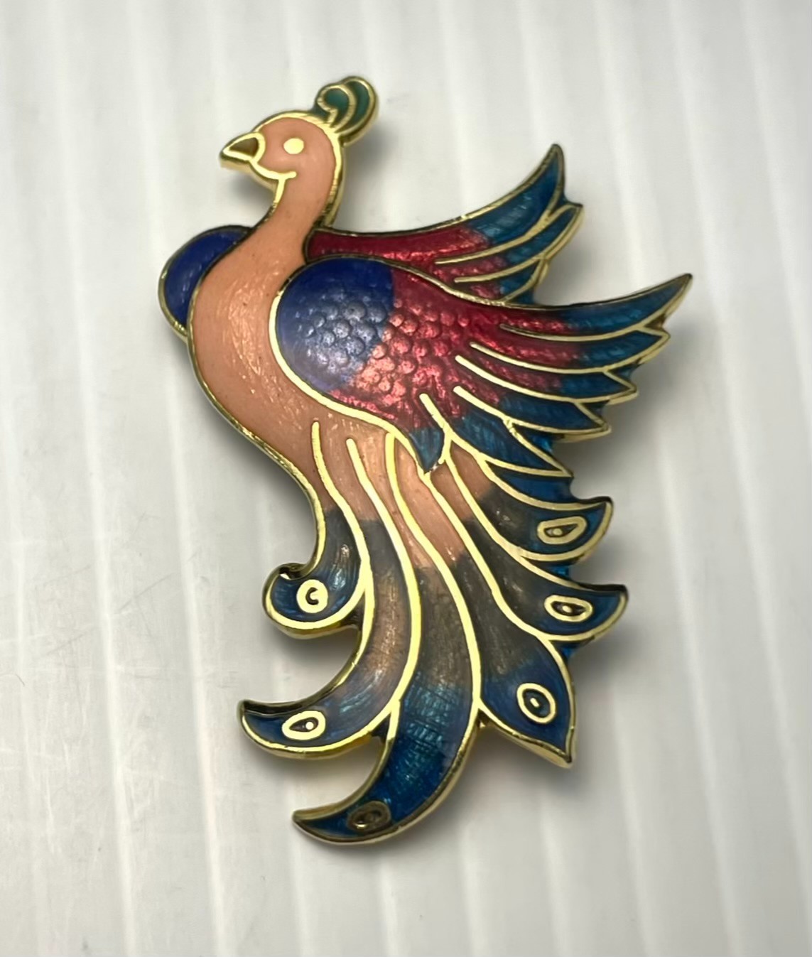 Cloisonné Peacock Brooch Paradise Bird Pink Red Green Enamel Mystical Fantasy