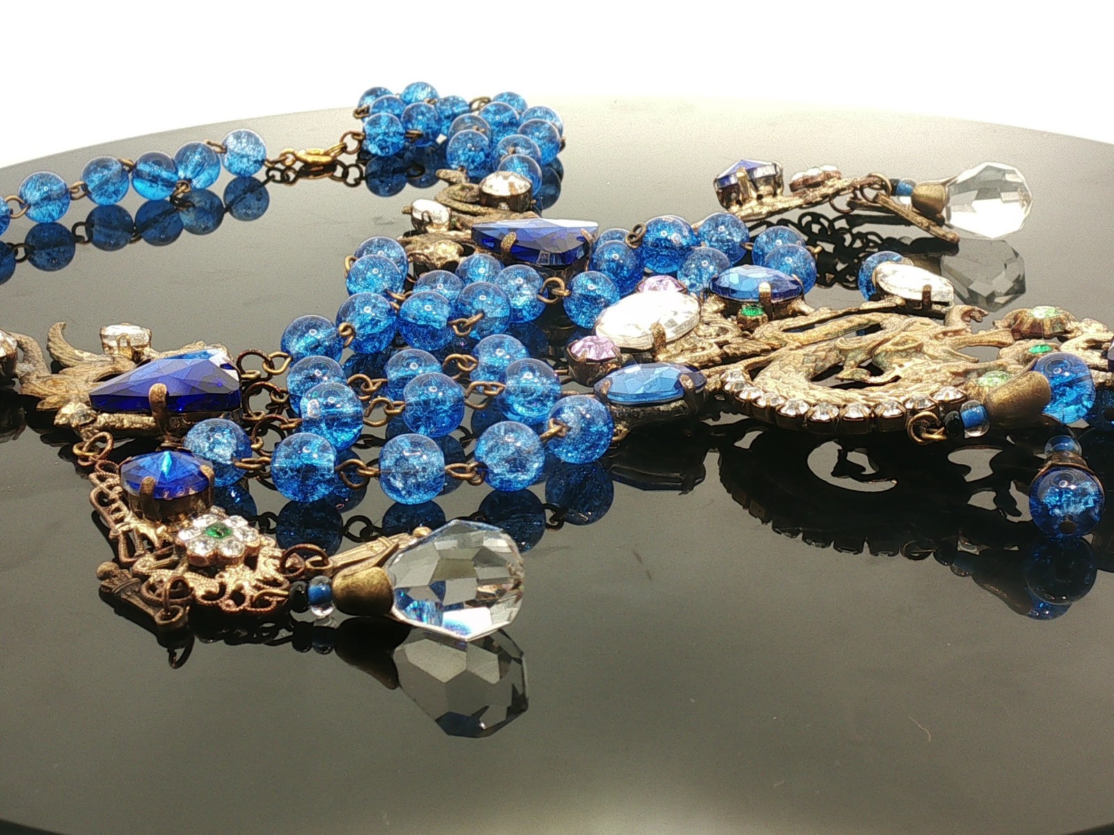 Vintage Czech Glass Necklace Blue Beads Multi Strand Dragon Motif Statement