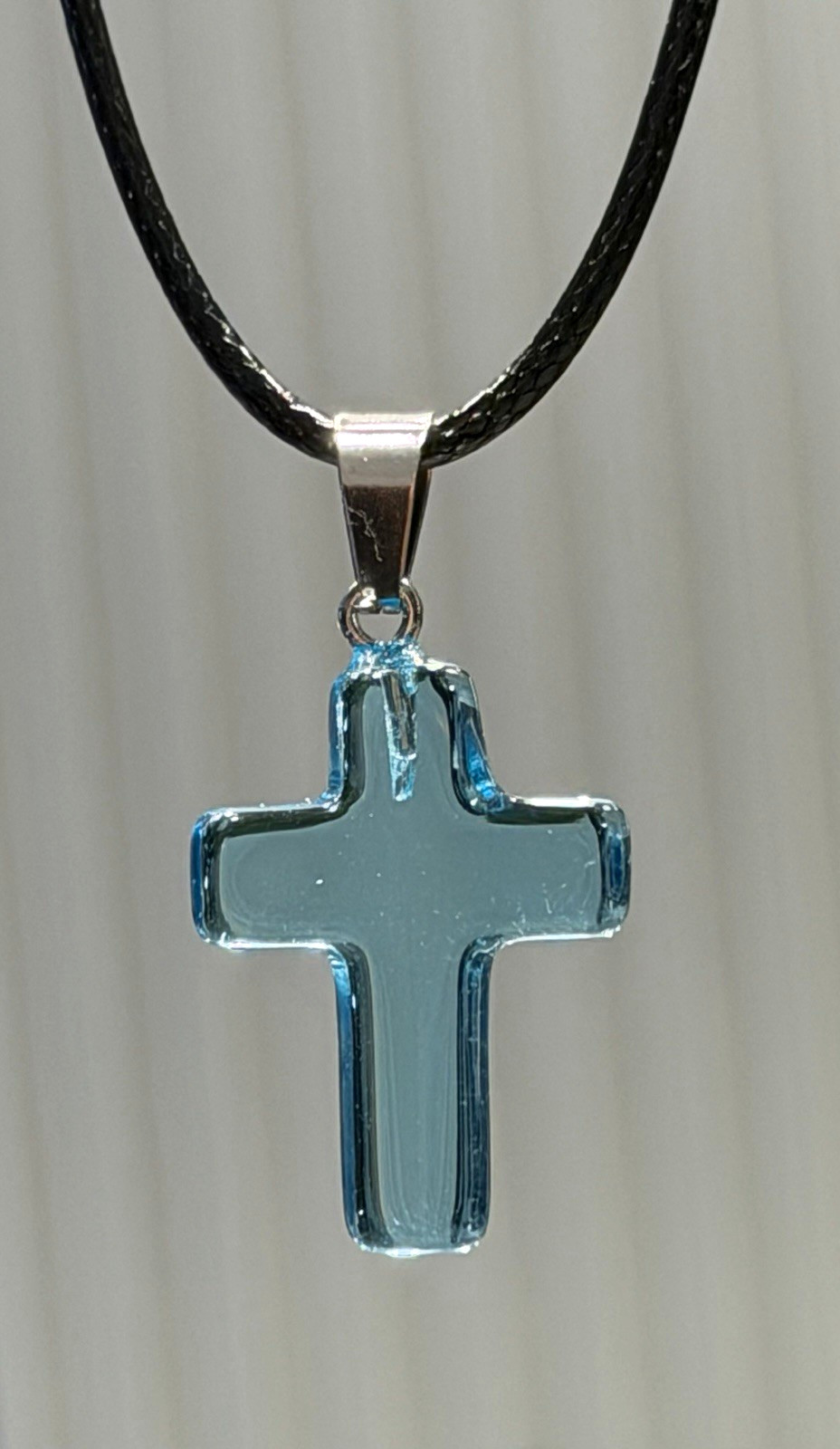 Blue Glass Cross Charm Pendant Necklace Black Cord Religious 1 Gemstone