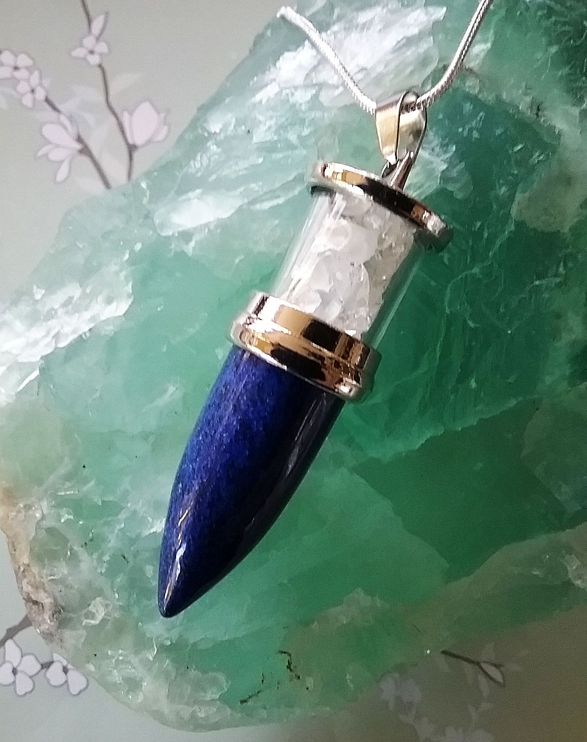 Sterling Silver HERKIMER DIAMOND Pendant wth Rare LAPIS LAZULI and Silver Chain