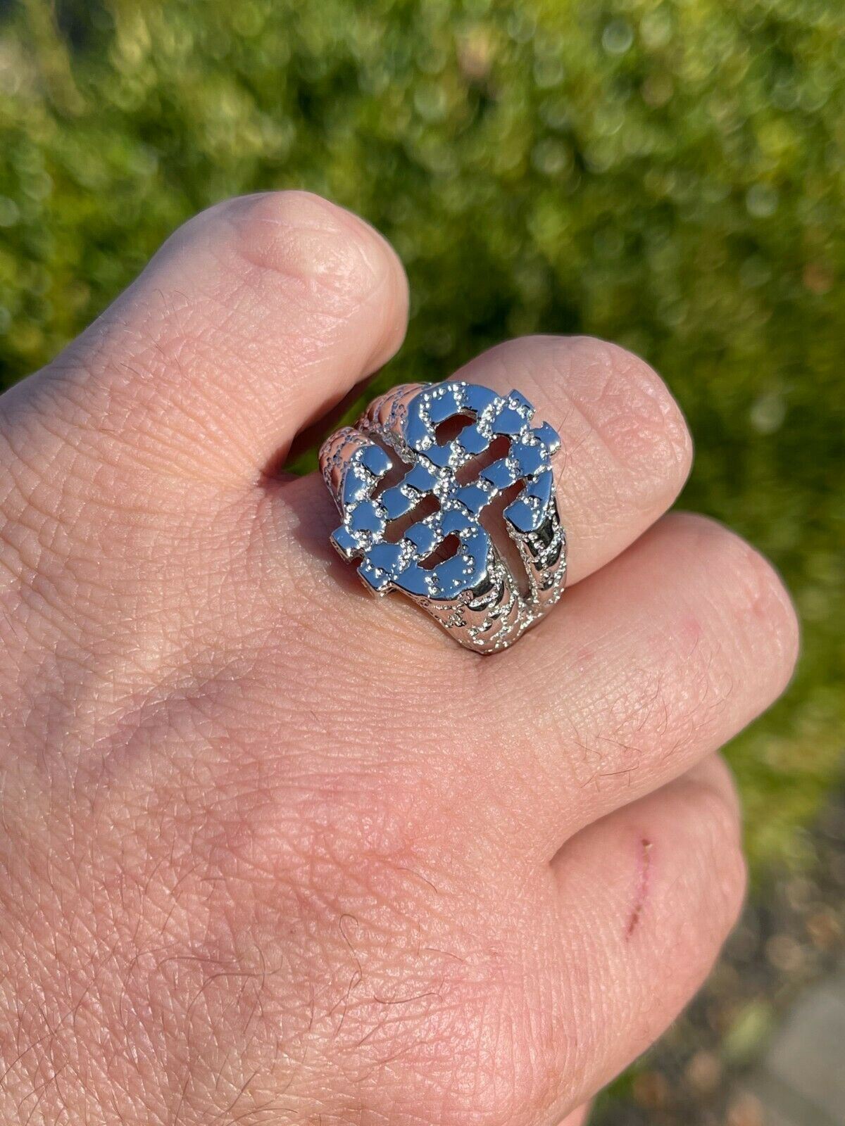 Real Solid 925 Sterling Silver Mens Hip Hop Nugget Dollar Sign $ Pimped Out Ring