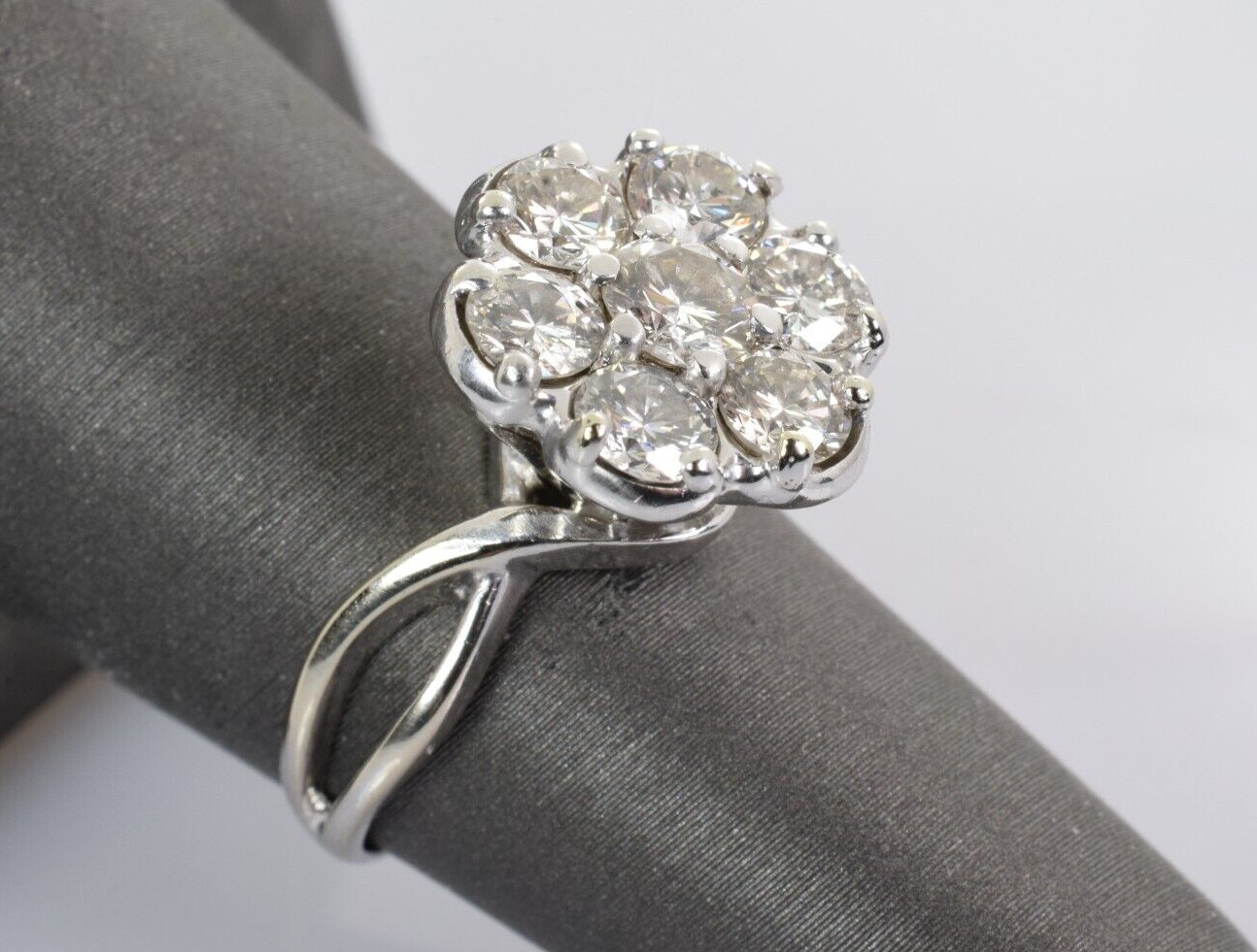 Vintage High Set Diamond Cluster Ring in 13k White Gold 1.90 Carats Size 6.5