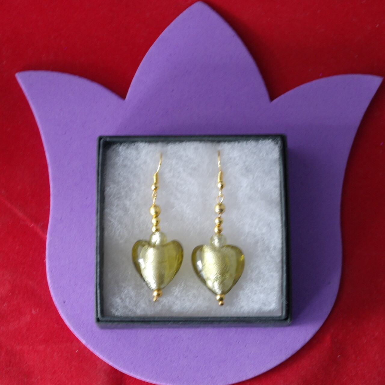 Beautiful Gold Plated Yellow Murano Glass Earrings 11.2 Gr.3.6 Cm. Long + Hooks