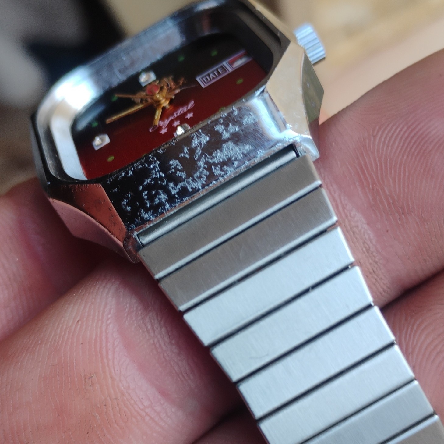 ORIENTEX Crystal Men’s Quartz Square Watch Day/Date Red/Black Dial SS Bracelet