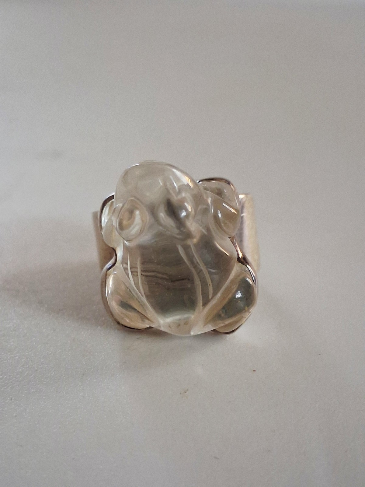 Hand Carved Rock Crystal Quartz Frog Statement Ring Size 10 Sterling Silver NIB