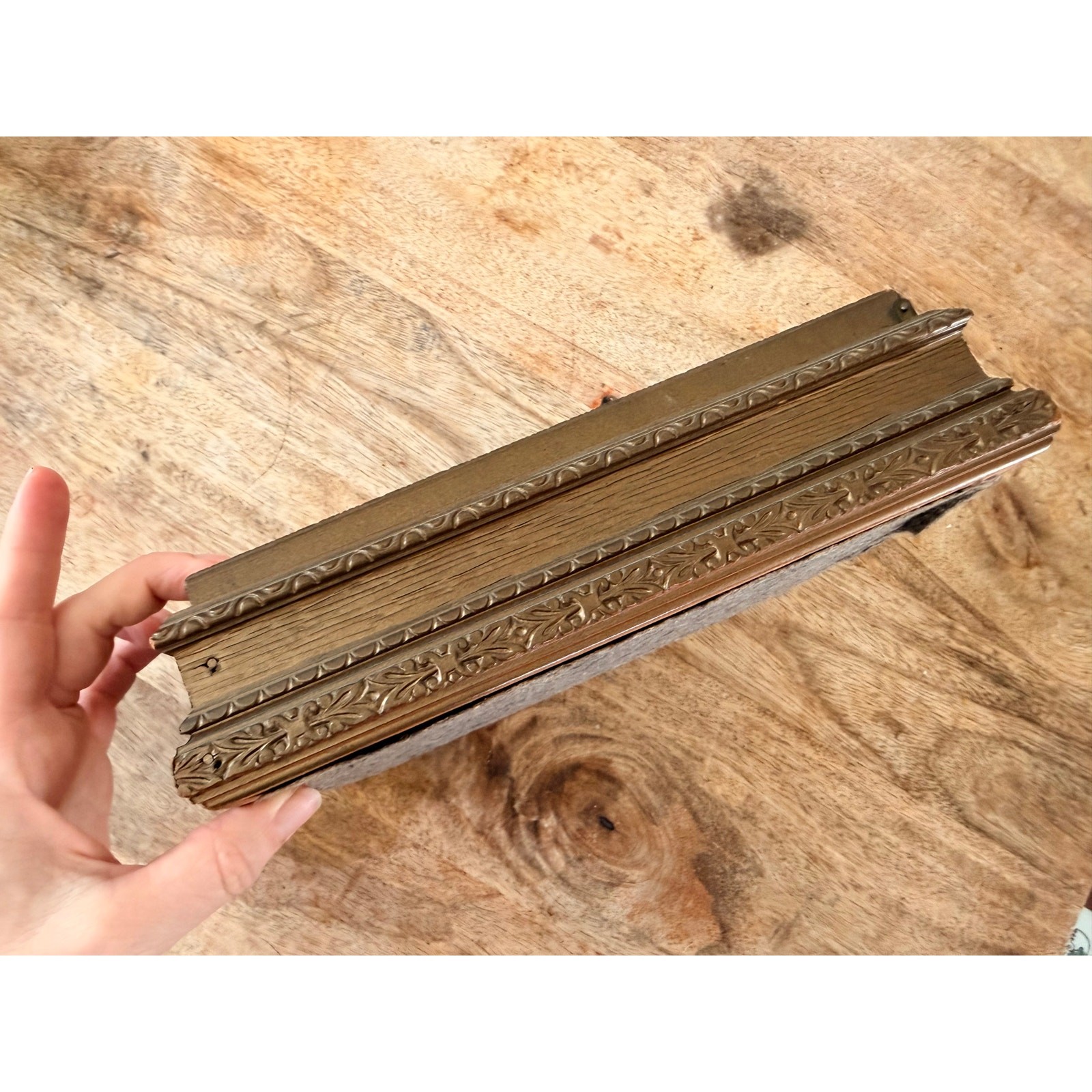 Antique Wood Jewelry Box French Salon Engraving Lid Mirror Compartments 1920s