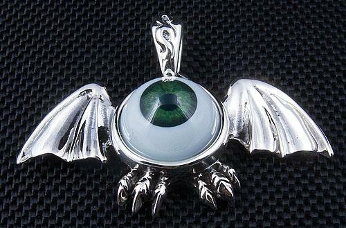 Silver Green Eyeball Gothic Wings Pendant