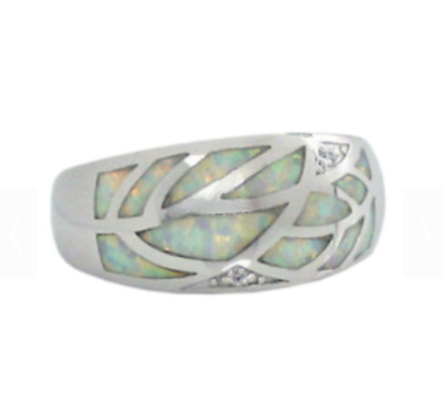 White Opal Leaf Ring Lab w Fire CZ 10mm 925 Sterling Silver Size 6 8 8.5