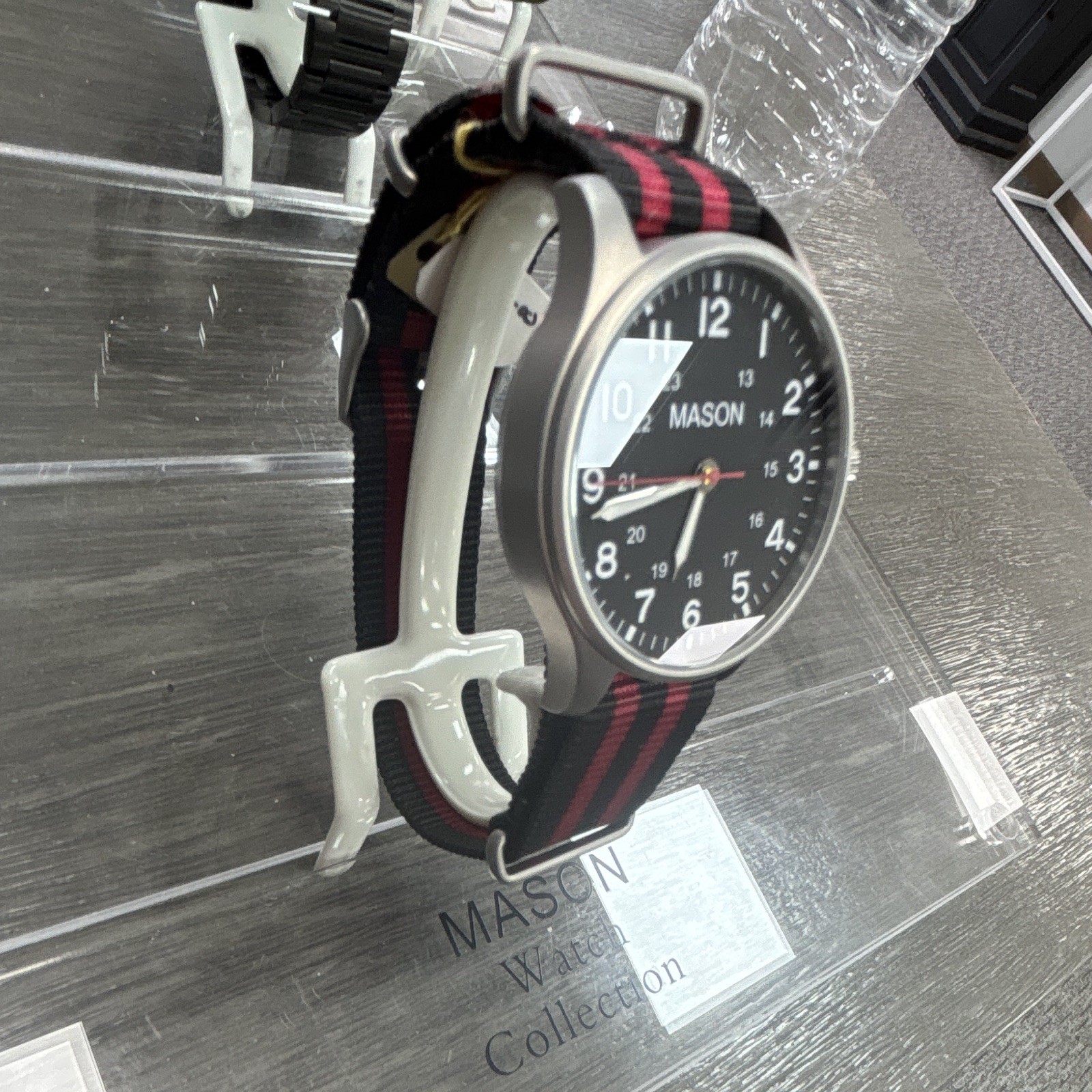 Mason Quartz Analog Wristwatch Black Dial Silver Case Red/Black Strap