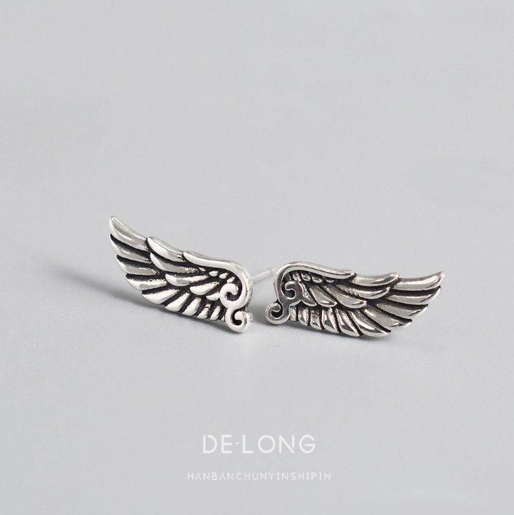 Angel Wings Feather Earrings 925 Sterling Silver Studs Retro Jewelry Gift PE41