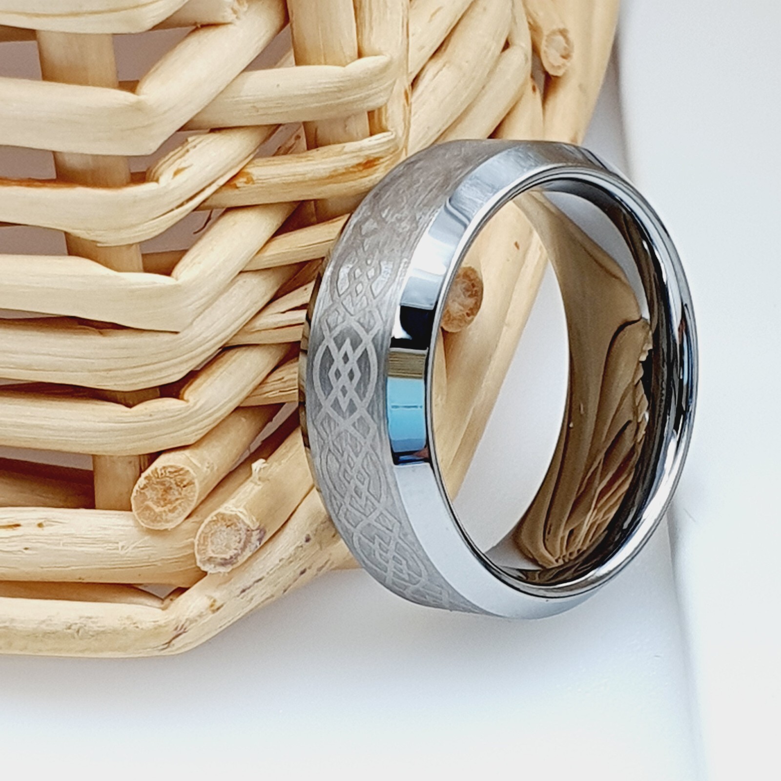 Silver Celtic Knot Inlay Ring High Polished Tungsten Anniversary & Promise Band