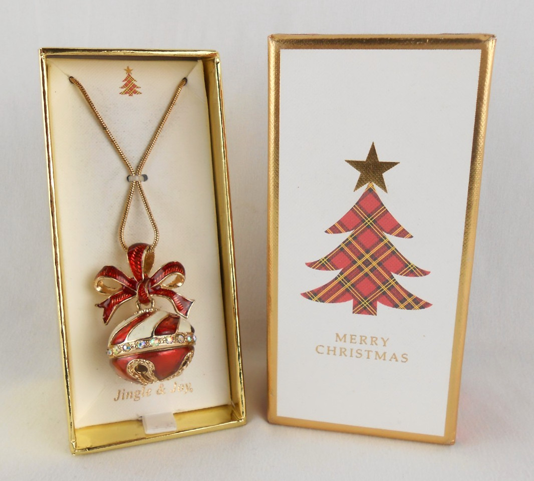 Jingle And Joy Red Enamel Bell Necklace Crystal Rhinestone Accents Christmas New