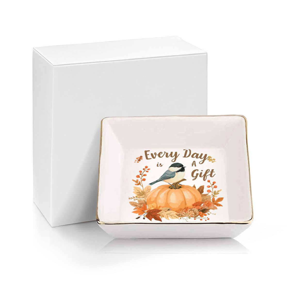 Every Day Is A Gift Bird on Pumpkin Jewelry Dish Trinket Ring Holder Fall Decor