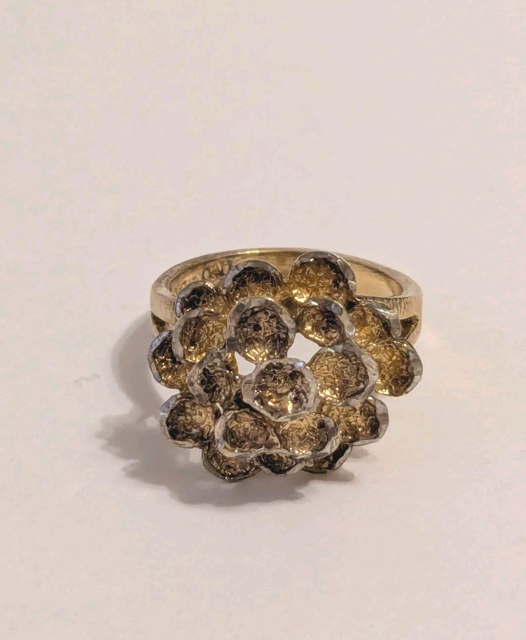 Signed M Gold Plated 925 Silver Dome Flower Nugget Style Cocktail Ring. Size 8.