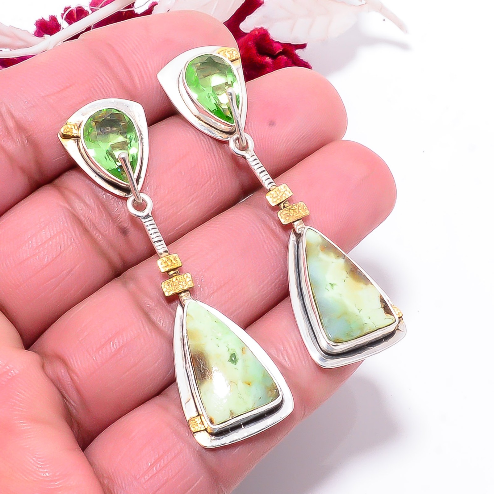 Chrome Chalcedony & Green Amethyst 925 Silver Earring 2.34″ E8391
