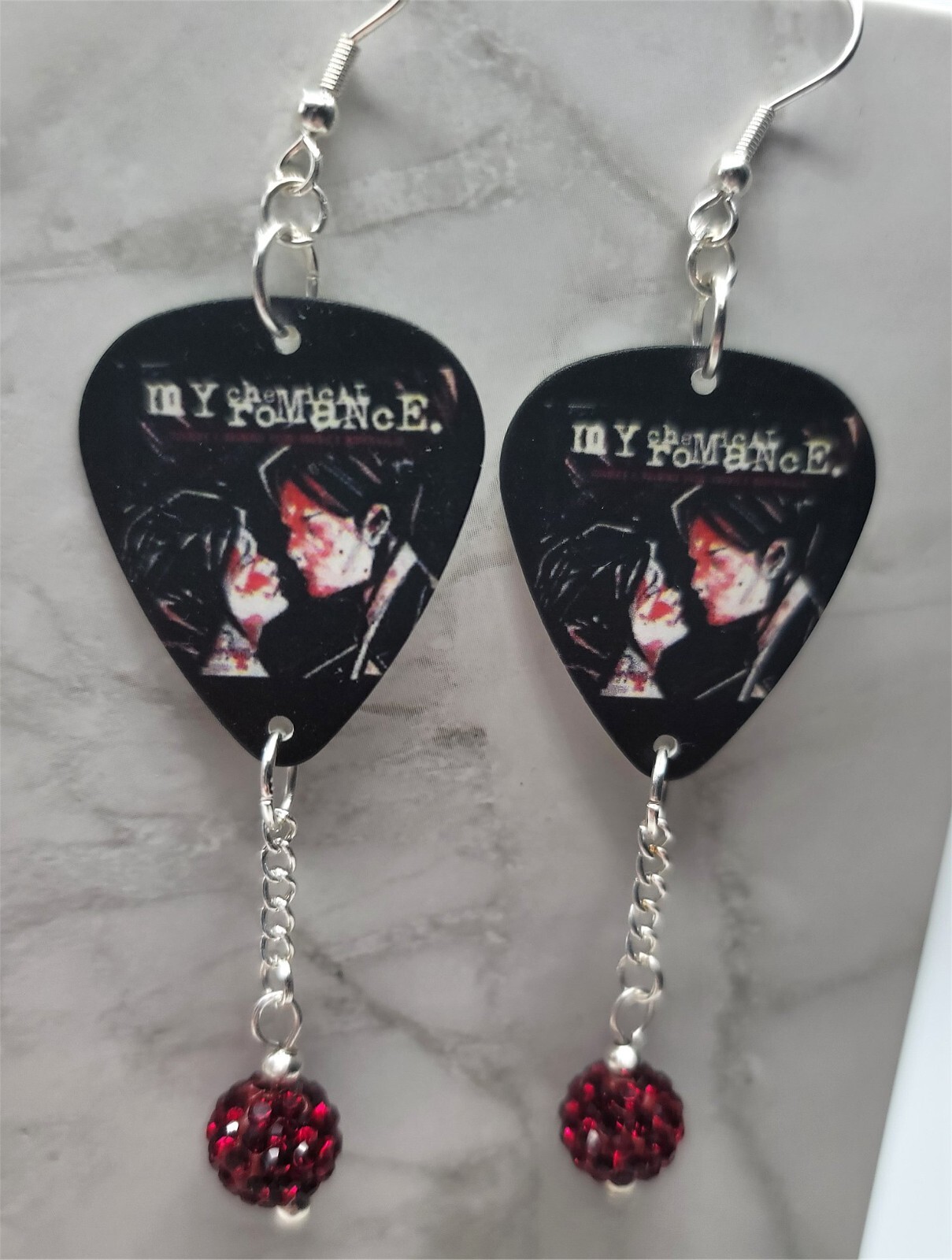 MCR Three Cheers for Sweet Revenge Guitar Pick Earrings with Deep Red Pave Beads