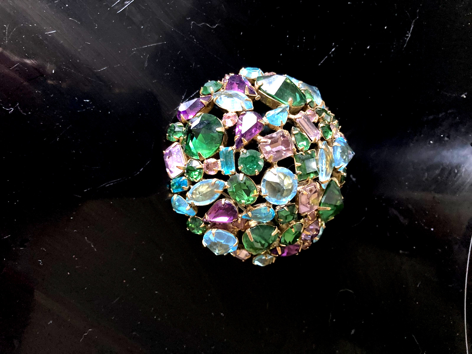 Glorious Vintage Signed SCHREINER green, blue, pink, purple, round domed BROOCH