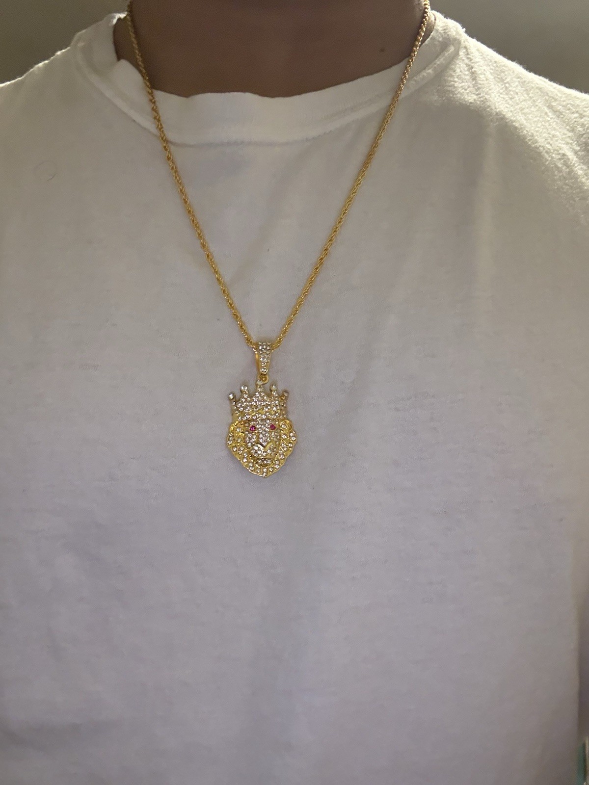 Gold Tone Rope Chain Lion Head Crown Pendant Pavé Clear Crystal 23.62in