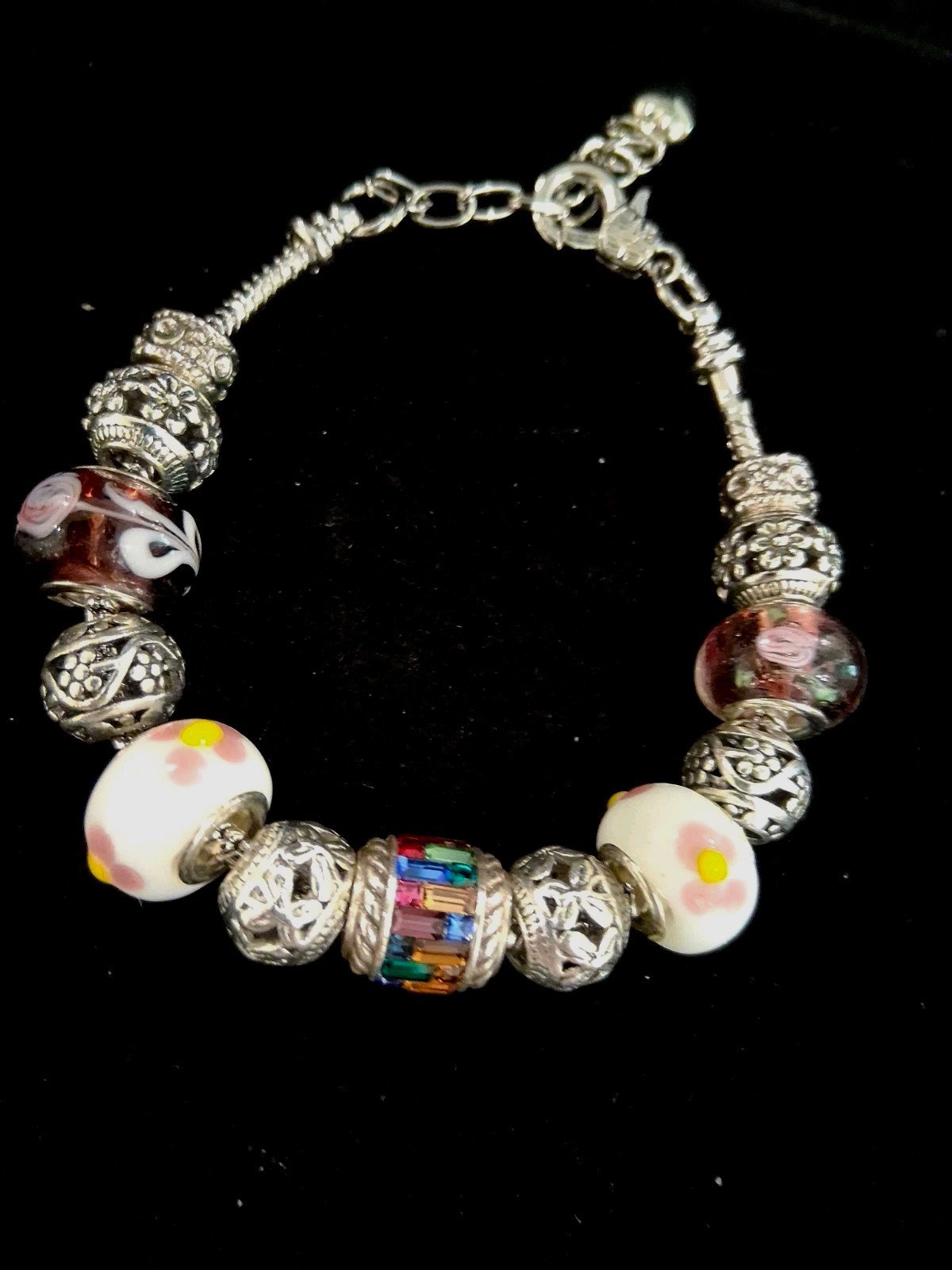 Silvertone 7.5″European CharmBracelet:Floral,Purple&Multicolor Rhinestone Charms