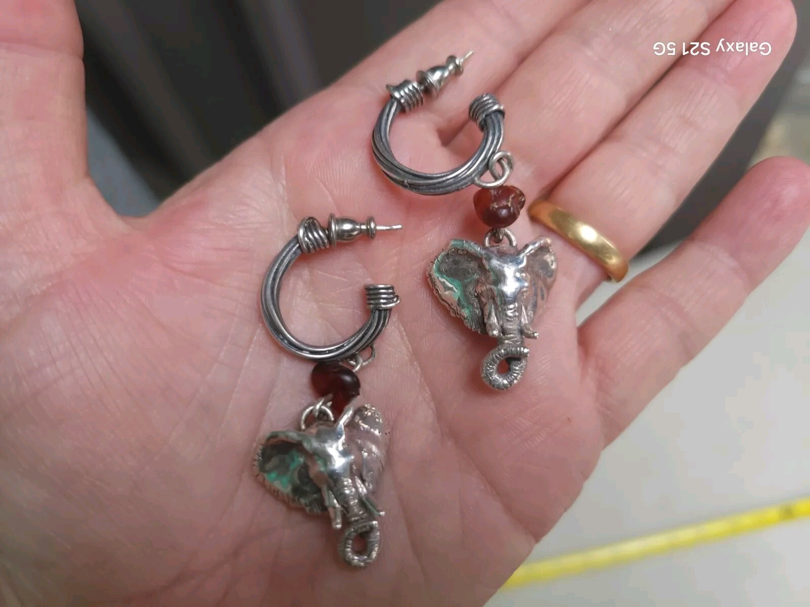 Susan Cummings Elephant Earrings Dangle Sterling Silver & Amber 2″ Long 1990s