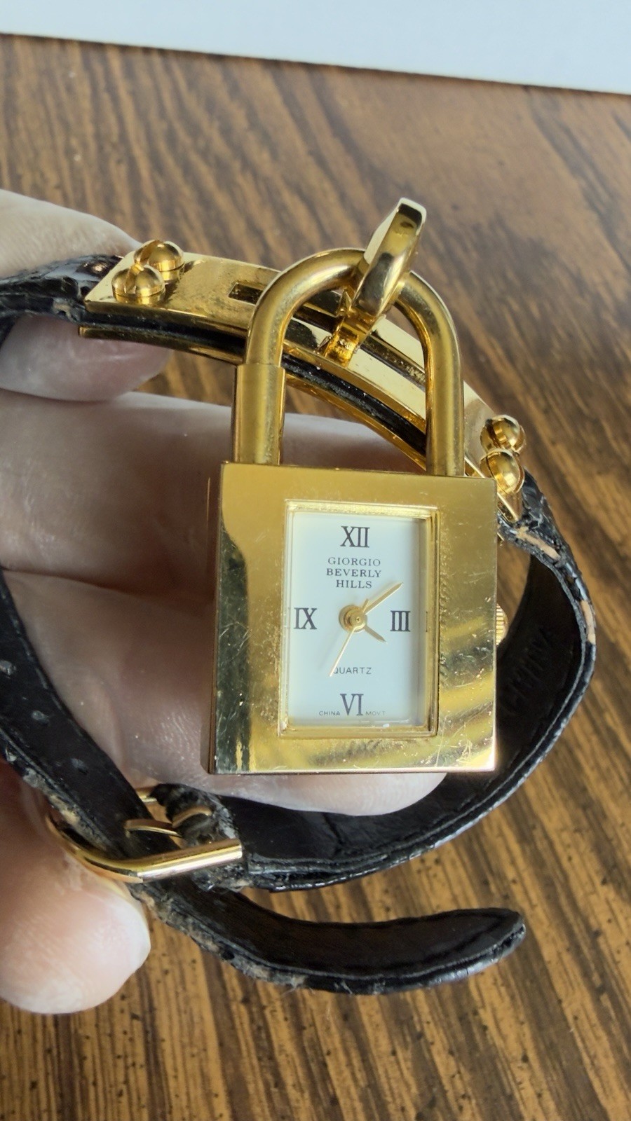 Giorgio Beverly Hills Padlock Watch Gold Tone Black Strap Quartz Tested Working