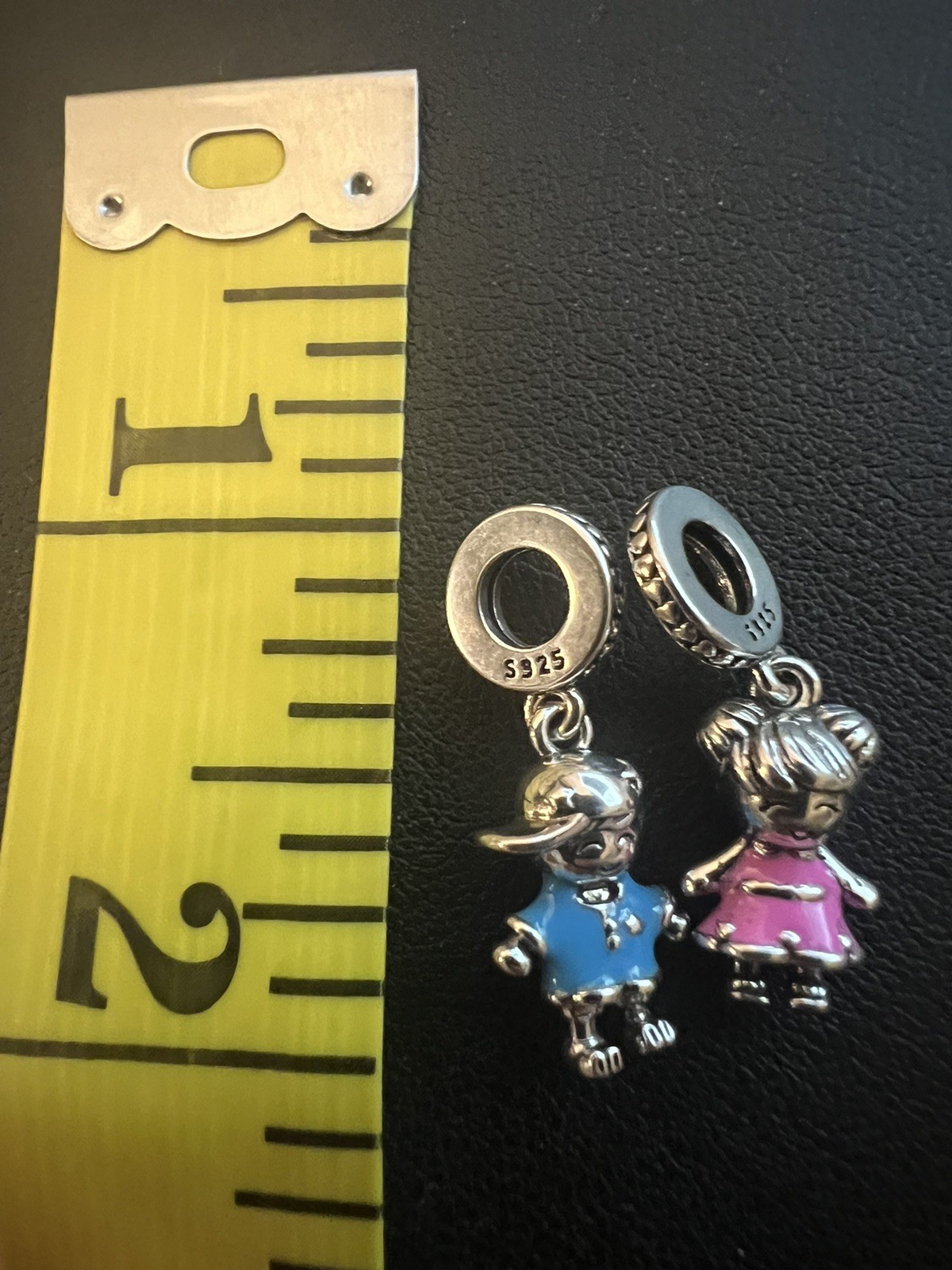 925 Sterling Silver Boy Blue Shirt & Girl Pink Dress Charm Set Enamel Pendant