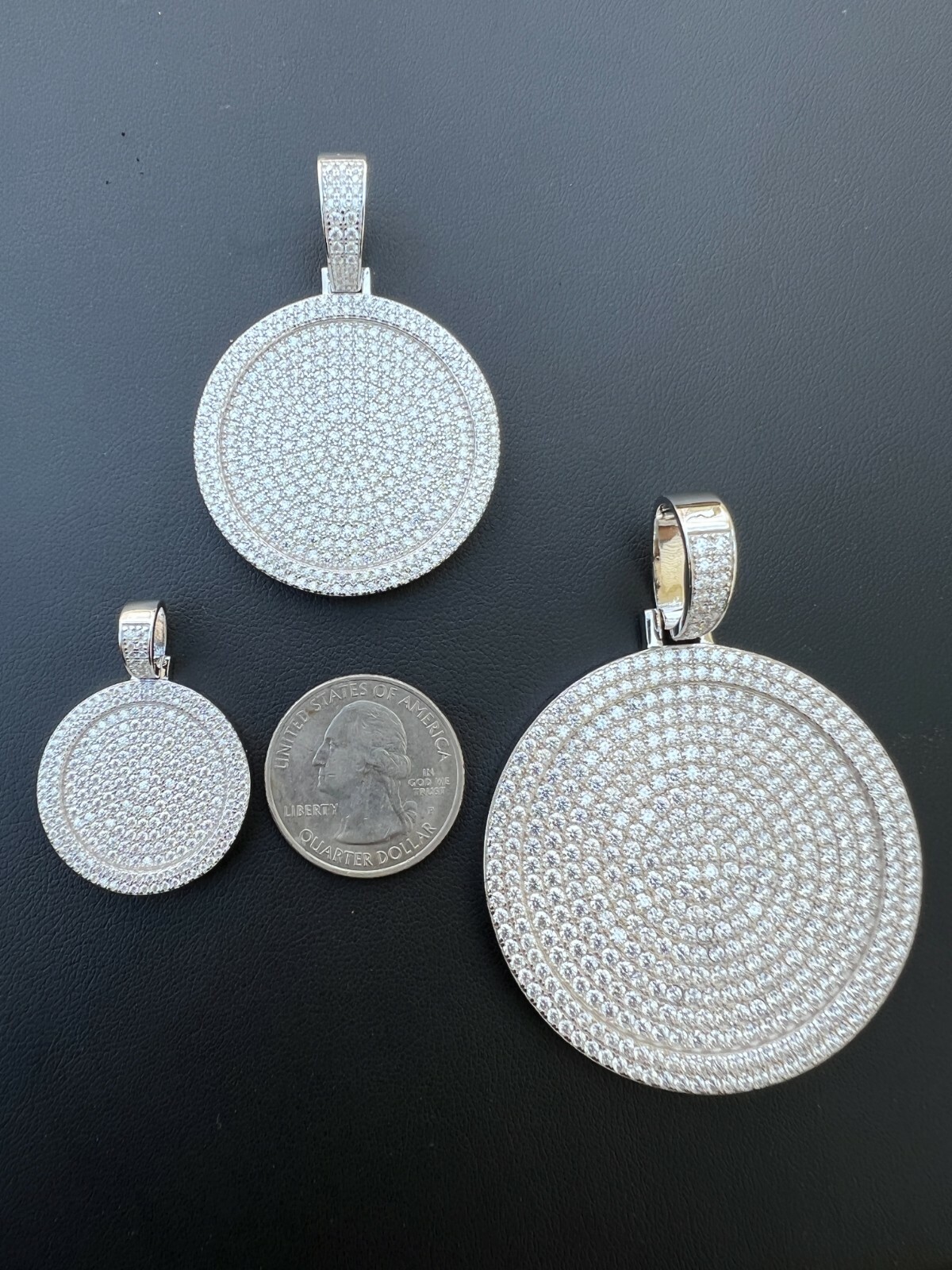 Solid 925 Silver Bling CZ Iced Round Hip Hop Dog Tag Medallion Pendant Necklace