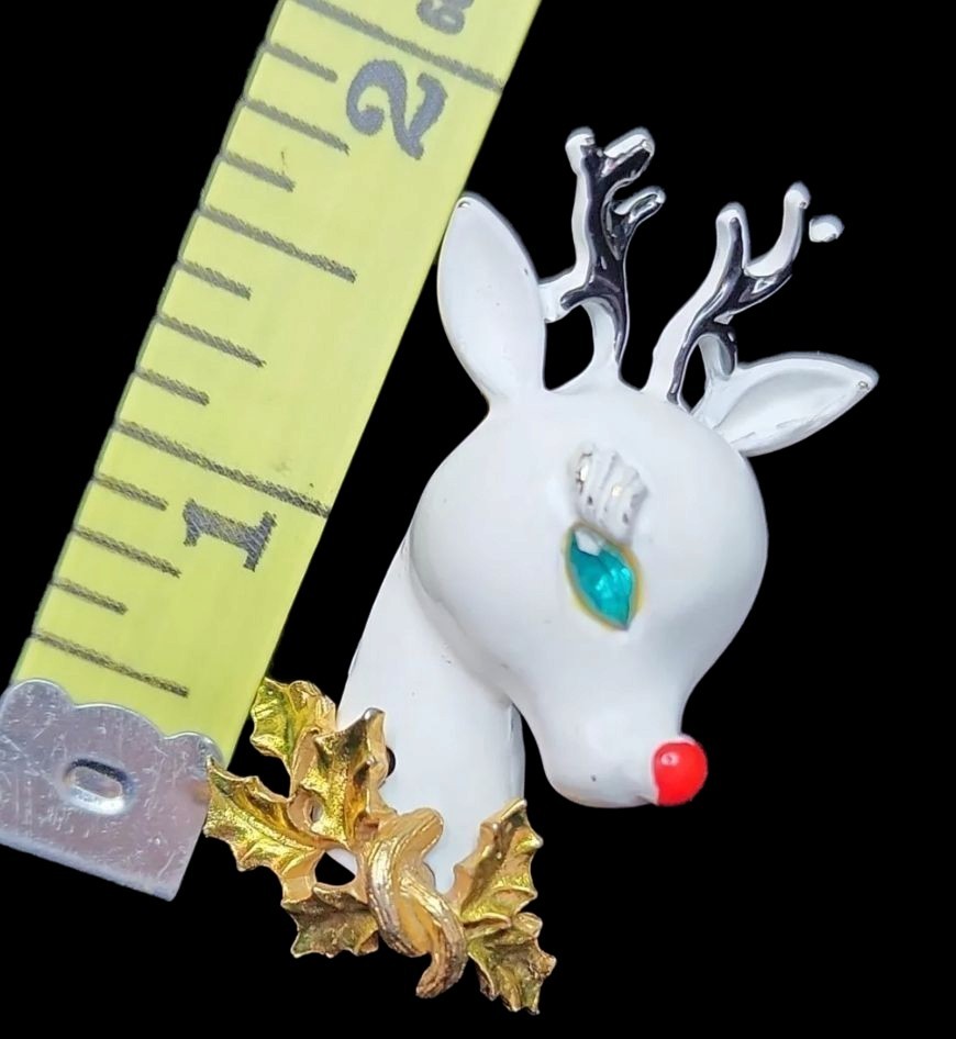 Vtg ART Arthur Pepper White Enamel Rudolph Jeweled Eye Brooch 1950s Christmas