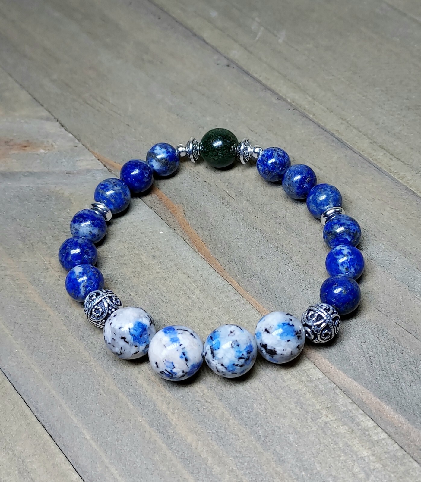 Blue Lapis and K2 Stone Bracelet Unique Meditation Jewelry Stretchy Gems 6.25″