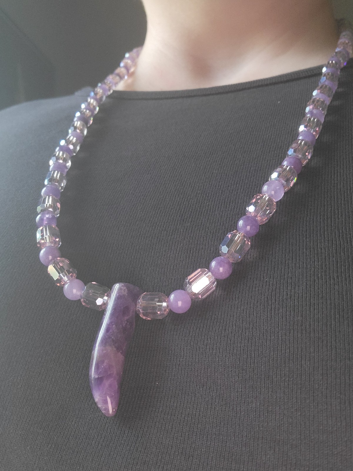 Amethyst Pendant & Lavender Beaded Genuine Crystal Necklace – Artisan Handmade