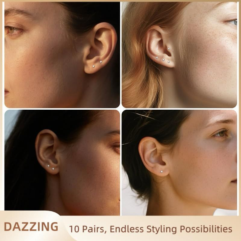 2mm Small Stud Earrings for Women Clear Cubic Zirconia 2mm, 2mm-10 Pairs