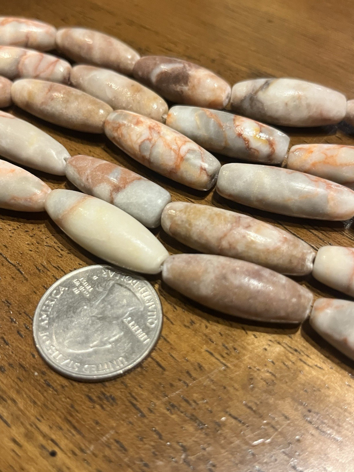 Old Stock Red Stripe Marble Gemstone 3/4in Tube Beads 15in Strand