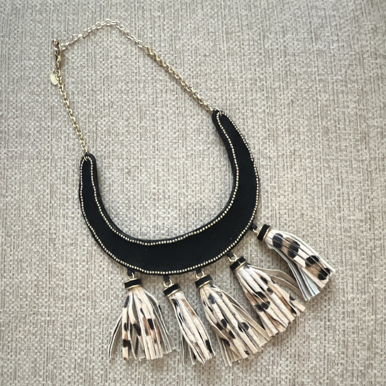 Chico’s Statement Bib Necklace Suede Black Gold Beige Leopard Tassel Fringe