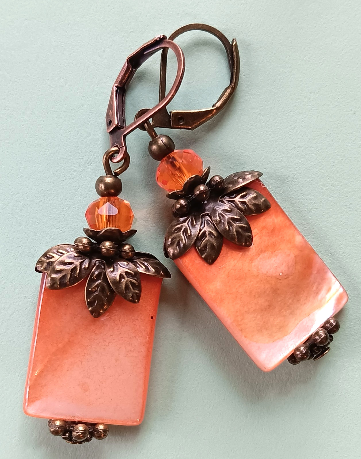 ORANGE SHELL PEARL & Crystal earring COPPER LEVERBACK artisan #LA25